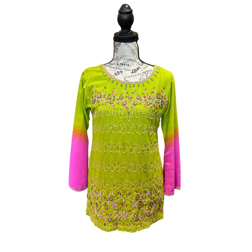 Limeā Green Pink Ombre Beaded Floral Tunic Top Sequin Embellished Kurti India